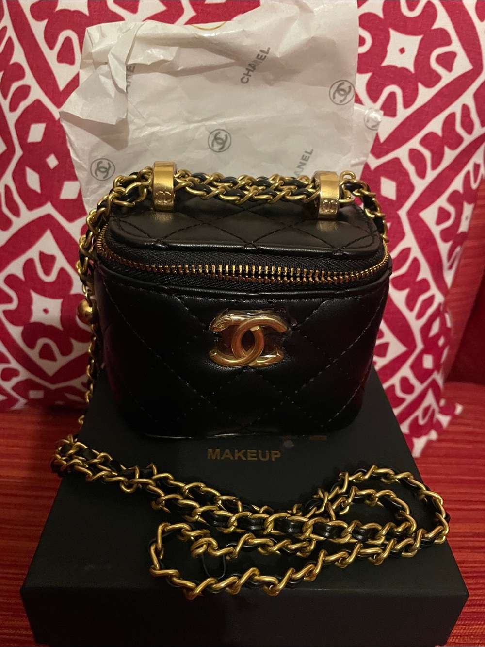 CH makeup Black Quilted Mini Vanity Bag with Gold Chain and CC Logo